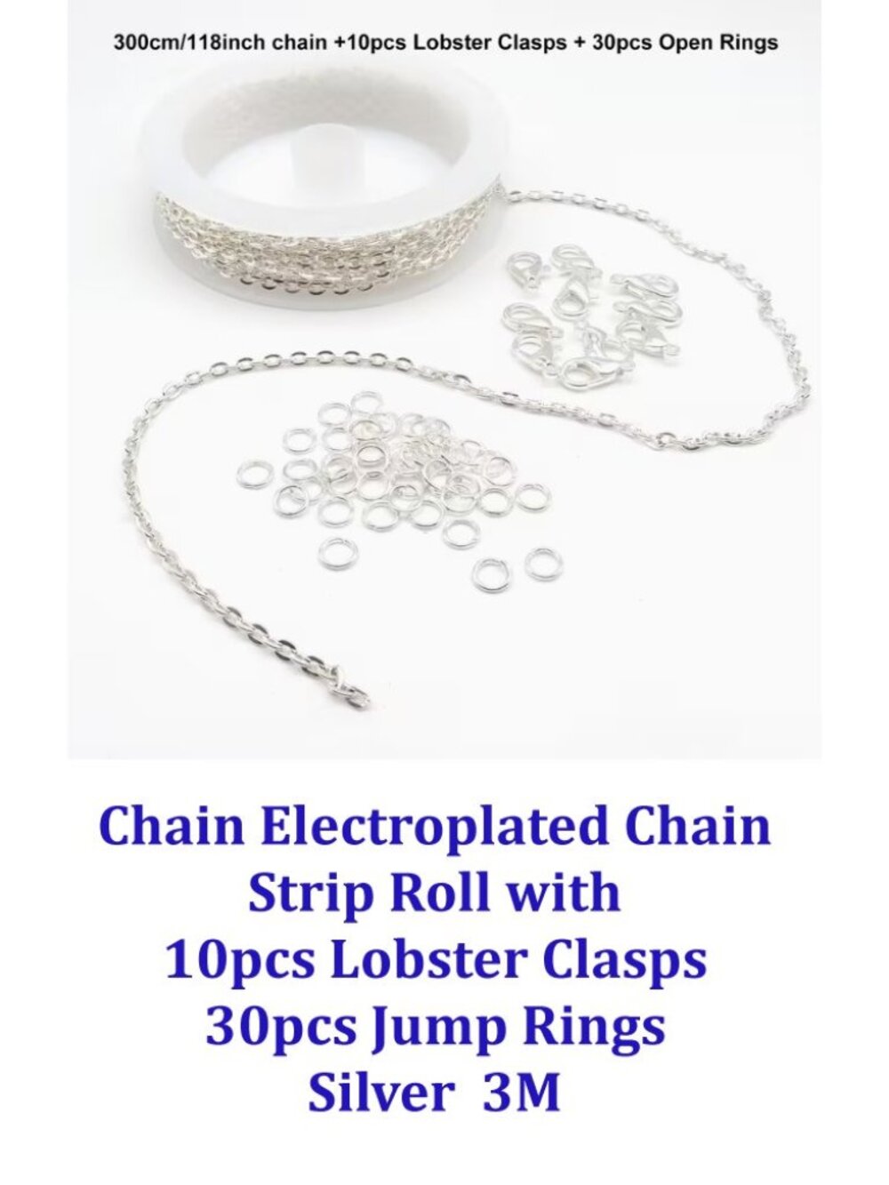 Electroplated Chain Roll w/ 10pcs Lobster Clasps 30pcs Jump Rings  3m Silver